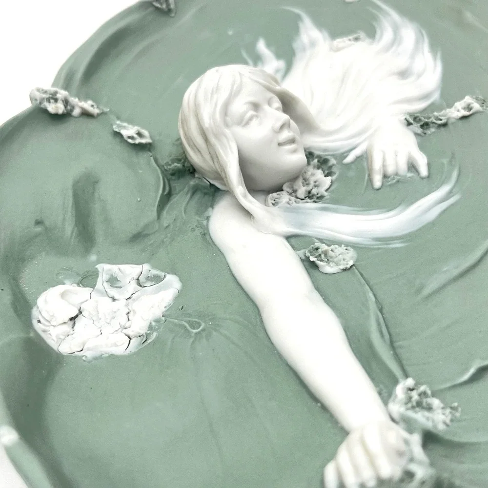 Art Nouveau Ceramic Maiden Lily Pad Tray Sage Green White Sculptural Relief 8.5